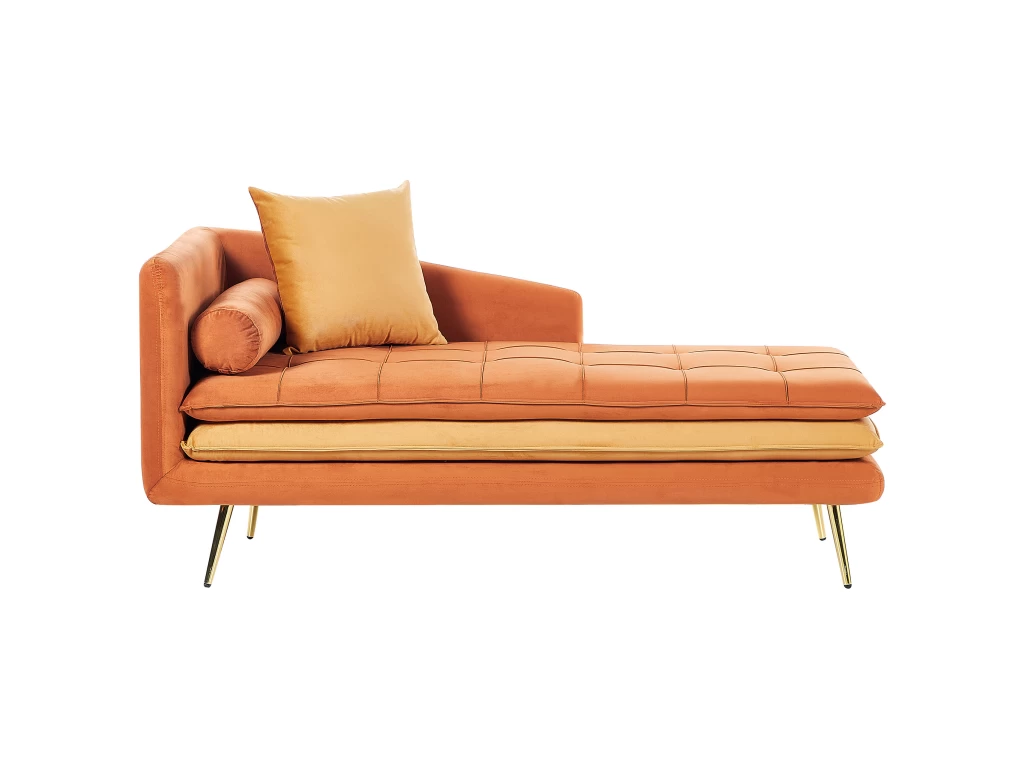 Chaise Longue Côté Gauche En Velours Orange Et Pieds Dorés GONESSE – Image 2