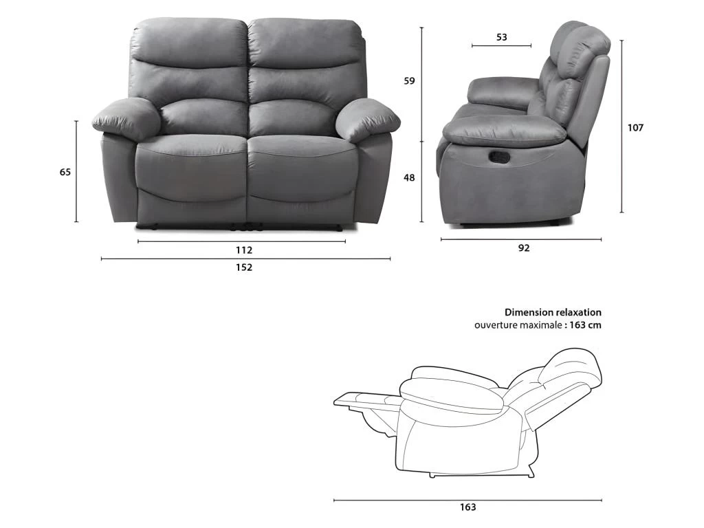 Canapé 2 Places Relax Manuel - Tissu Gris - SOBRAL – Image 4
