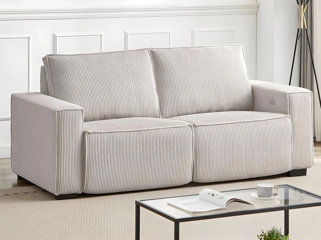 Canapé 3 Places Relax électrique En Velours Cotelé Gris Clair AMELIO – Image 10