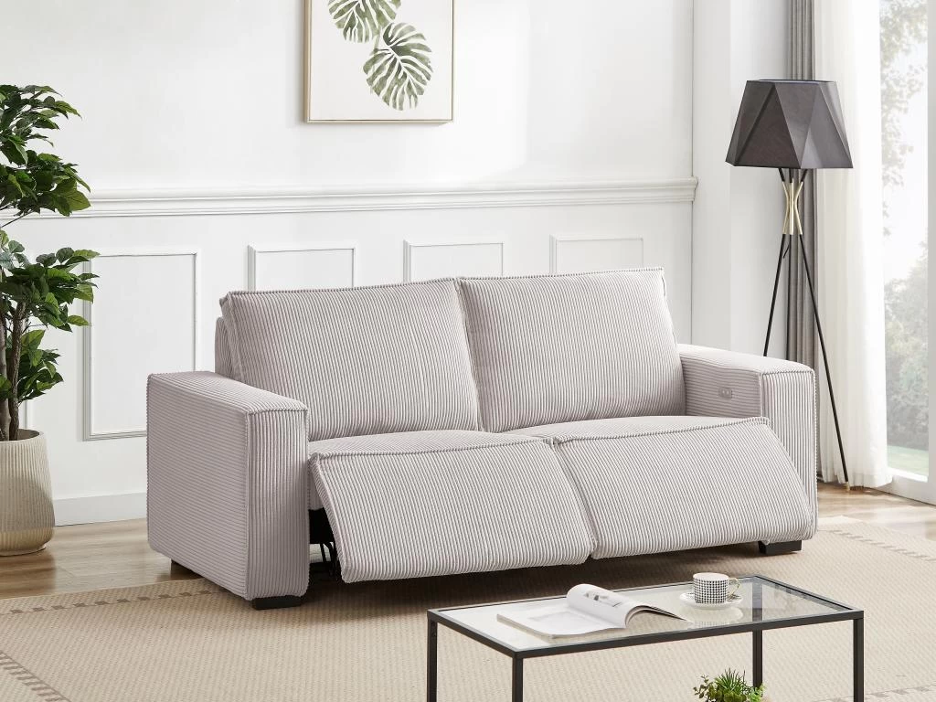 Canapé 3 Places Relax électrique En Velours Cotelé Gris Clair AMELIO – Image 4