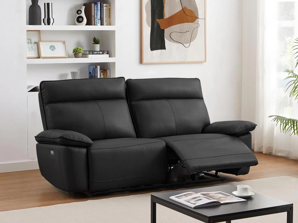 Canapé 3 Places Relax électrique En Cuir De Vachette Noir NOVENA – Image 12