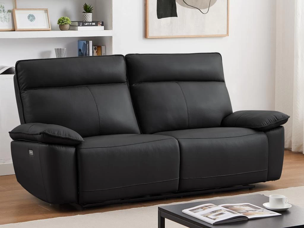 Canapé 3 Places Relax électrique En Cuir De Vachette Noir NOVENA – Image 11