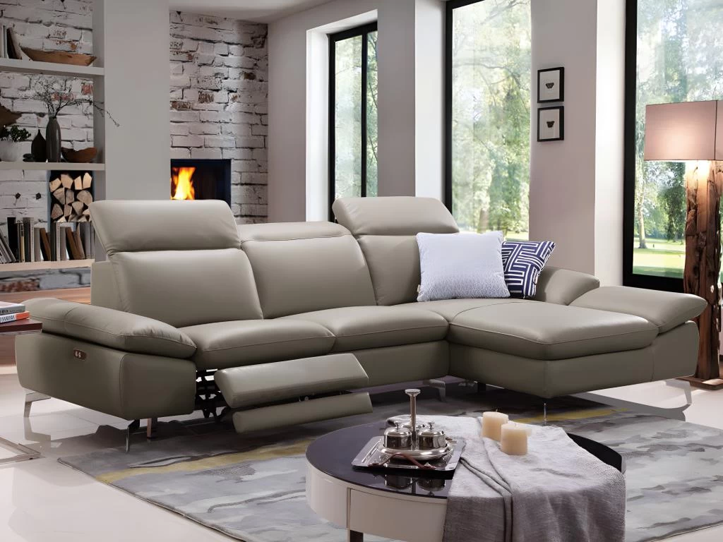 Canapé D'angle Relax électrique En Cuir De Buffle MARSALA - Taupe - Angle Droit