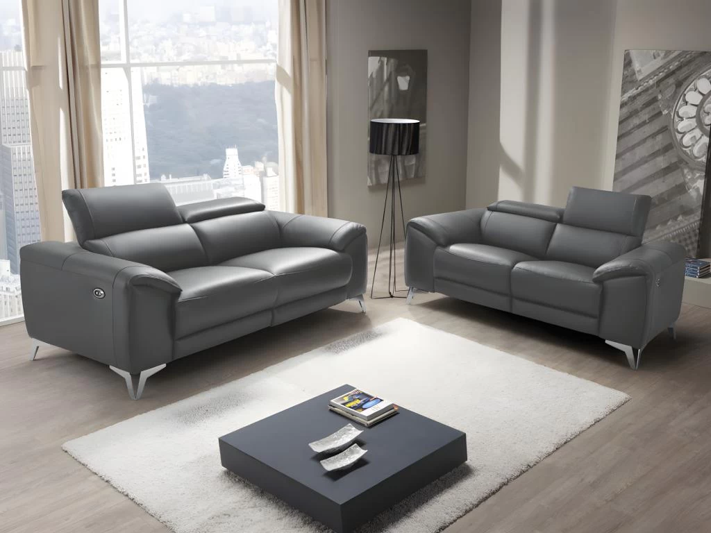 Canapé 3 Places Relax électrique En Cuir FRANSKA - Anthracite