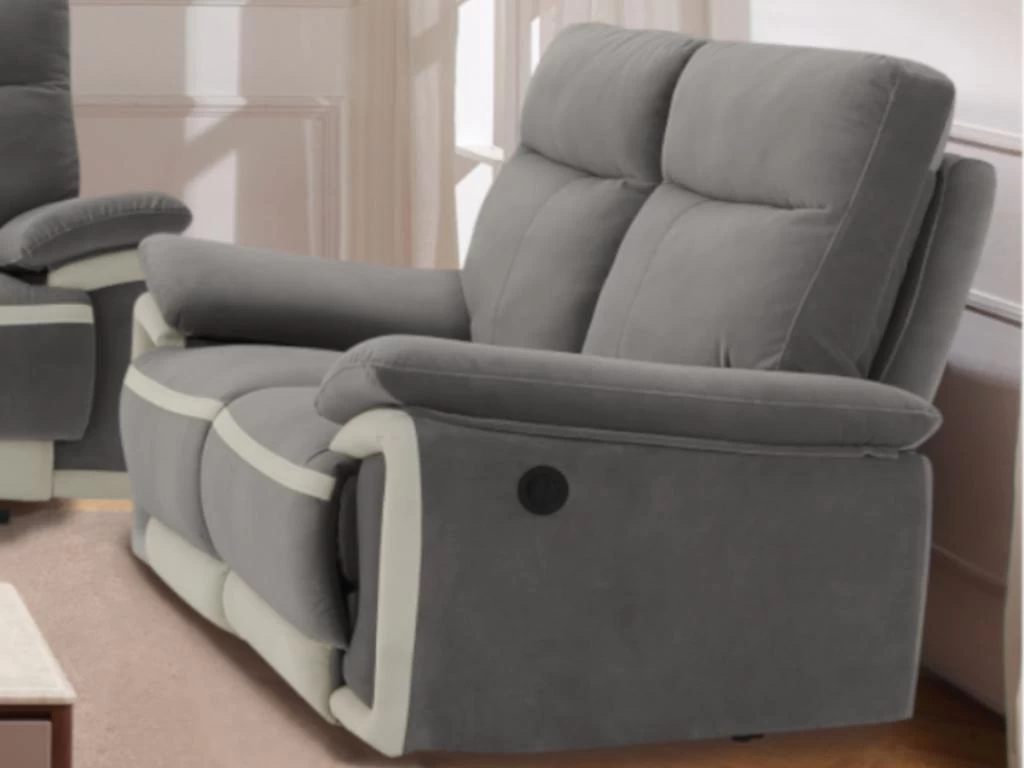 Canapé 2 Places Relax électrique En Velours METTI - Gris Et Bandes écru – Image 2