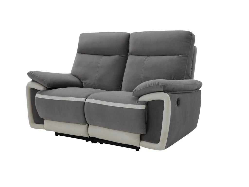 Canapé 2 Places Relax électrique En Velours METTI - Gris Et Bandes écru – Image 4