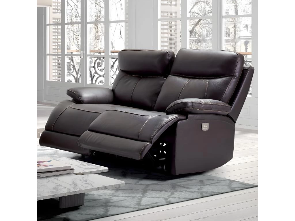 CORDOUE - Canapé Relax Electrique 2 Places Cuir Marron