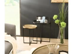 JONAS - Set De 2 Tables D'appoint Ovales Aluminium Doré Et Noir - Pieds Métal Noir