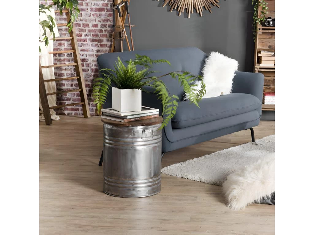 NOLAN - Table D'appoint Ronde 40x40cm Bidon Acier Et Bois Recyclé - Esprit Brocante