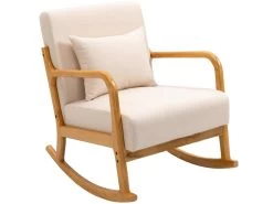 Rocking Chair En Bois Massif Et Tissu Beige