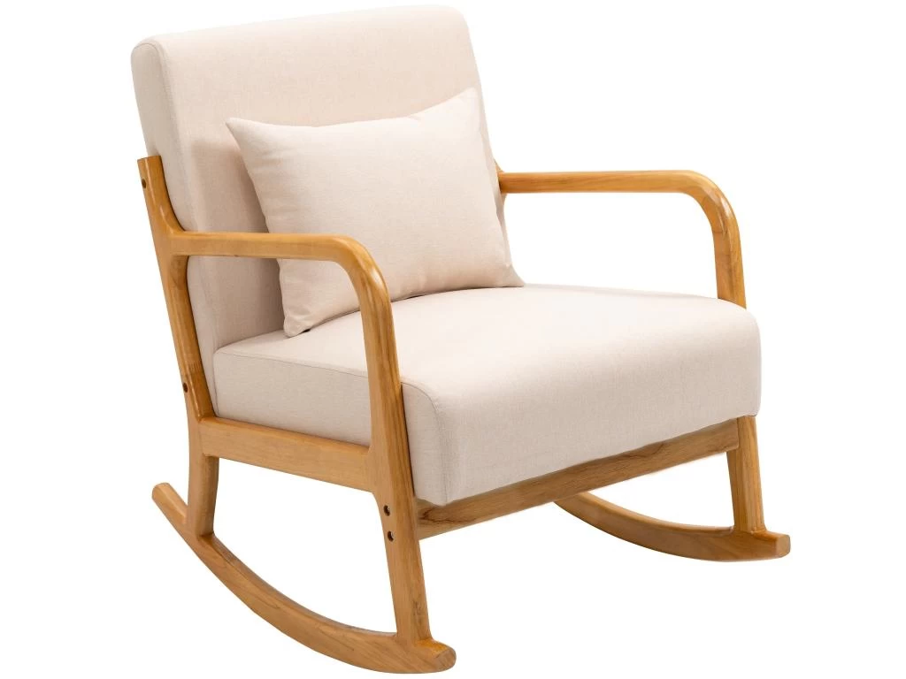 Rocking Chair En Bois Massif Et Tissu Beige