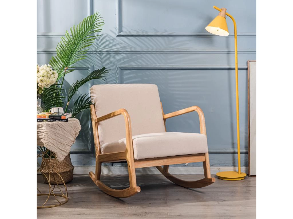 Rocking Chair En Bois Massif Et Tissu Beige – Image 2