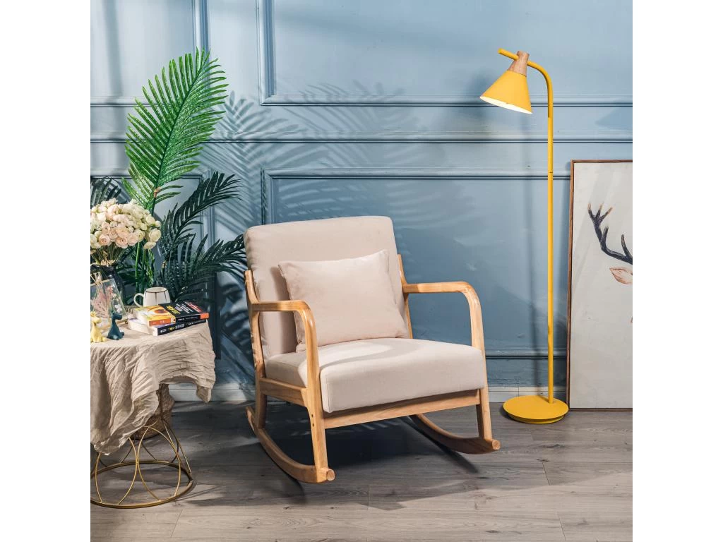 Rocking Chair En Bois Massif Et Tissu Beige – Image 4