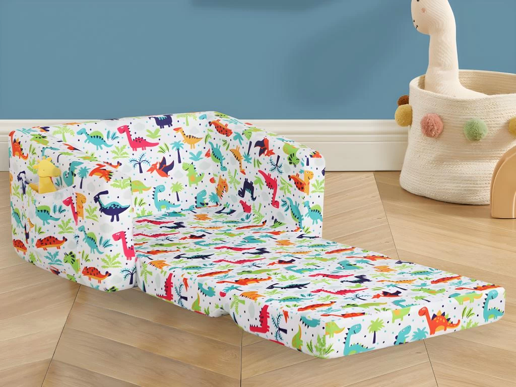 Fauteuil Chauffeuse Pour Enfant En Velours Blanc Motifs Dinosaures ALMAGRO – Image 4