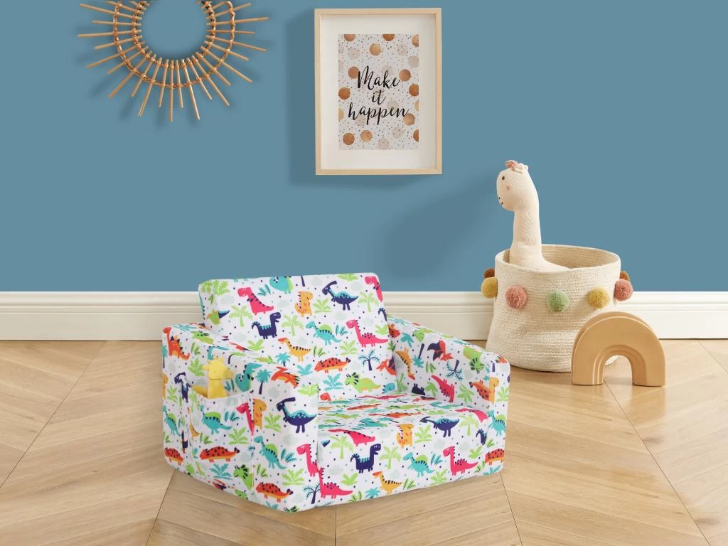 Fauteuil Chauffeuse Pour Enfant En Velours Blanc Motifs Dinosaures ALMAGRO