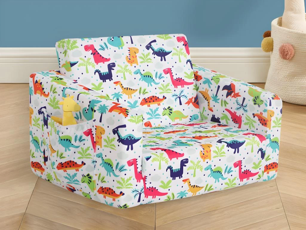 Fauteuil Chauffeuse Pour Enfant En Velours Blanc Motifs Dinosaures ALMAGRO – Image 3
