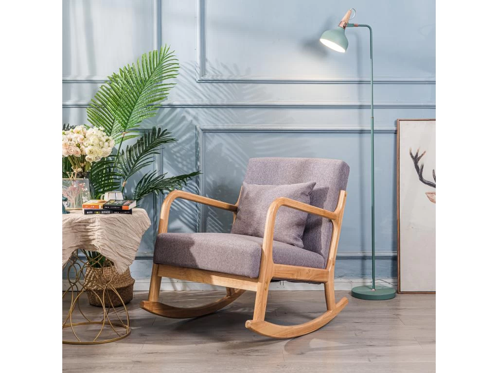 Rocking Chair En Bois Massif Et Tissu Gris – Image 2