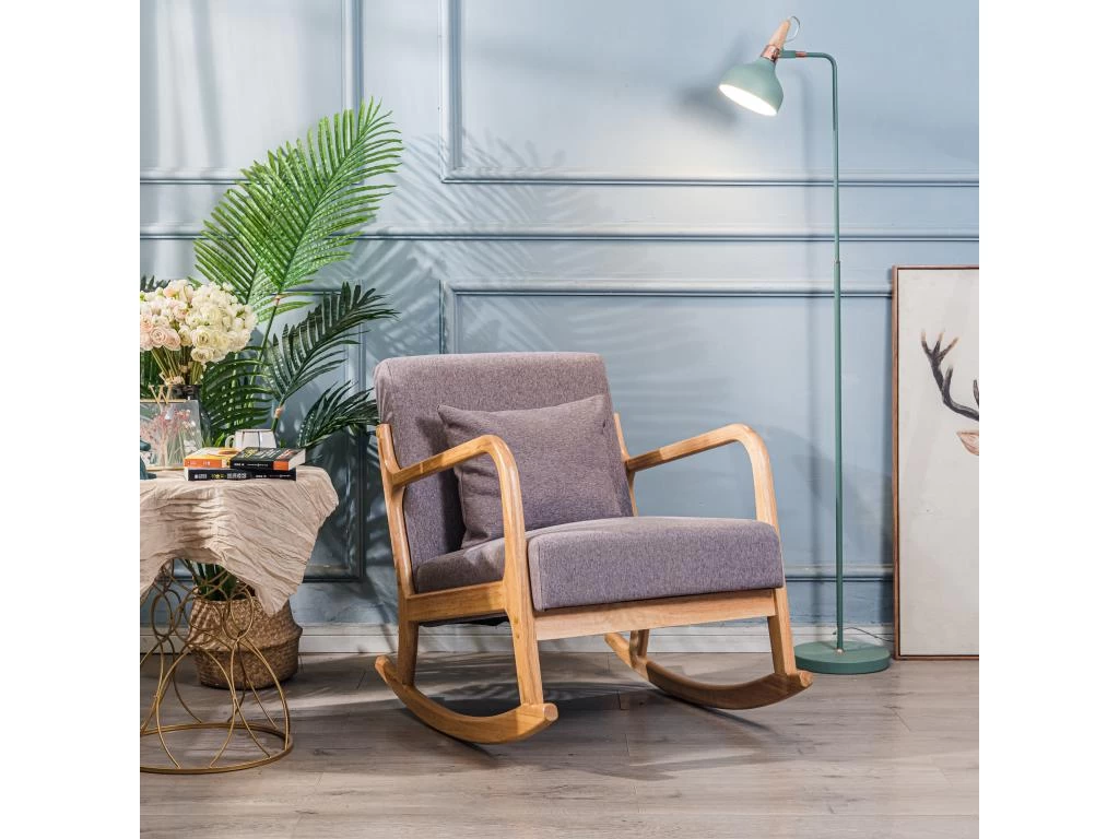 Rocking Chair En Bois Massif Et Tissu Gris – Image 3