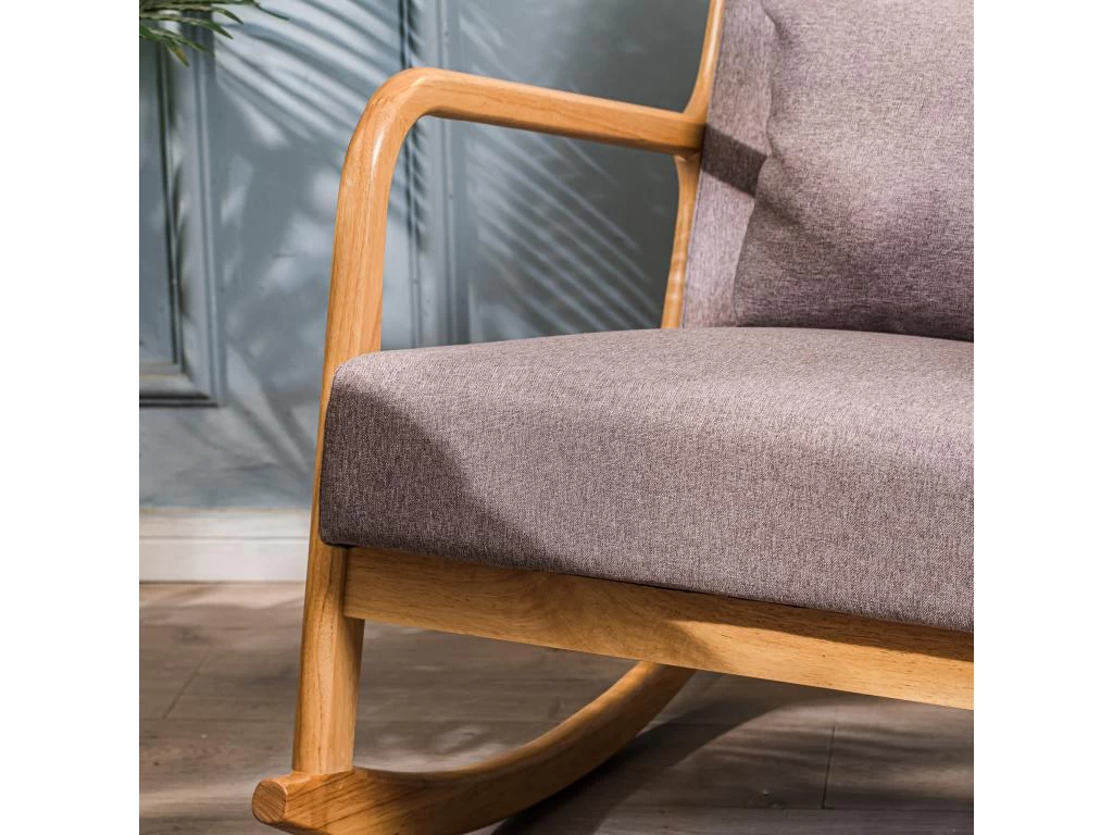 Rocking Chair En Bois Massif Et Tissu Gris – Image 5