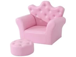Ensemble Fauteuil Et Pouf Enfant Design Couronne De Princesse - Dossier Et Assise Pouf Avec Boutons Strass Aspect Cristaux - Structure Bois Revêtement Synthétique PVC Rose