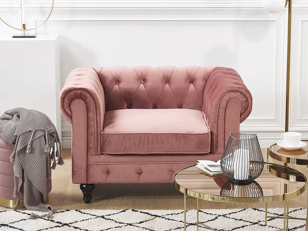 Fauteuil En Velours Rose CHESTERFIELD – Image 2