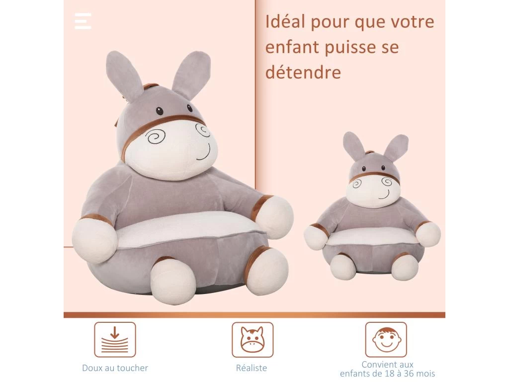 Fauteuil Enfant âne Dim. 60L X 55l X 60H Cm Garnissage Moelleux Coton Revêtement Velours Gris Crème – Image 4