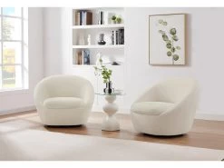 Fauteuil Pivotant Arrondi En Tissu Bouclette Blanc LACARA