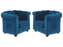 Lot De 2 Fauteuils CHESTERFIELD - Velours Bleu Canard