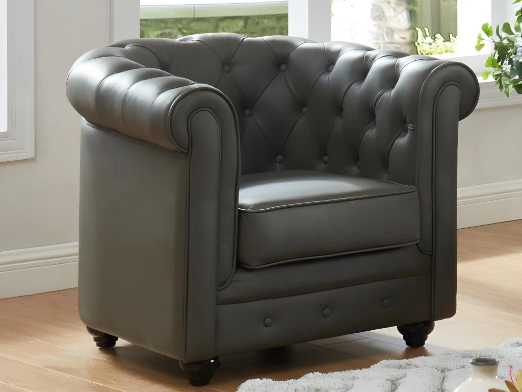 Fauteuil En Cuir De Buffle CHESTERFIELD - Gris – Image 4