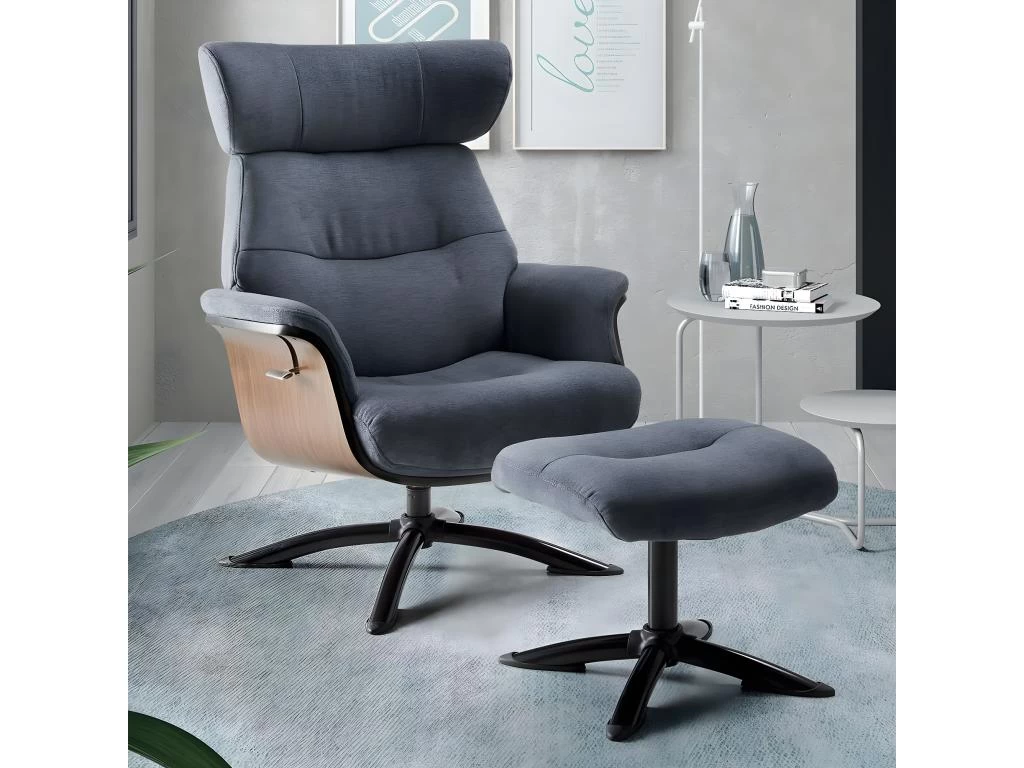 OBANOS - Fauteuil Inclinable + Repose-Pieds Gris Bleu – Image 2