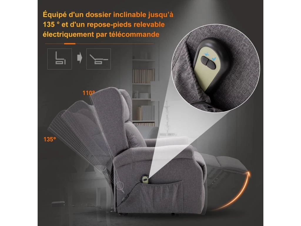 Fauteuil De Relaxation électrique Fauteuil Releveur Inclinable Avec Repose-pied Ajustable Lin Gris Chiné – Image 5