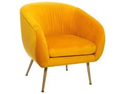 Fauteuil En Velours Moutarde Plissé Et Pieds En Métal Doré