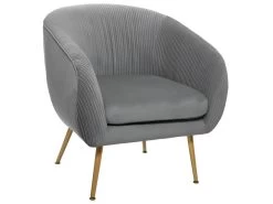Fauteuil En Velours Gris Plissé Et Pieds En Métal Doré