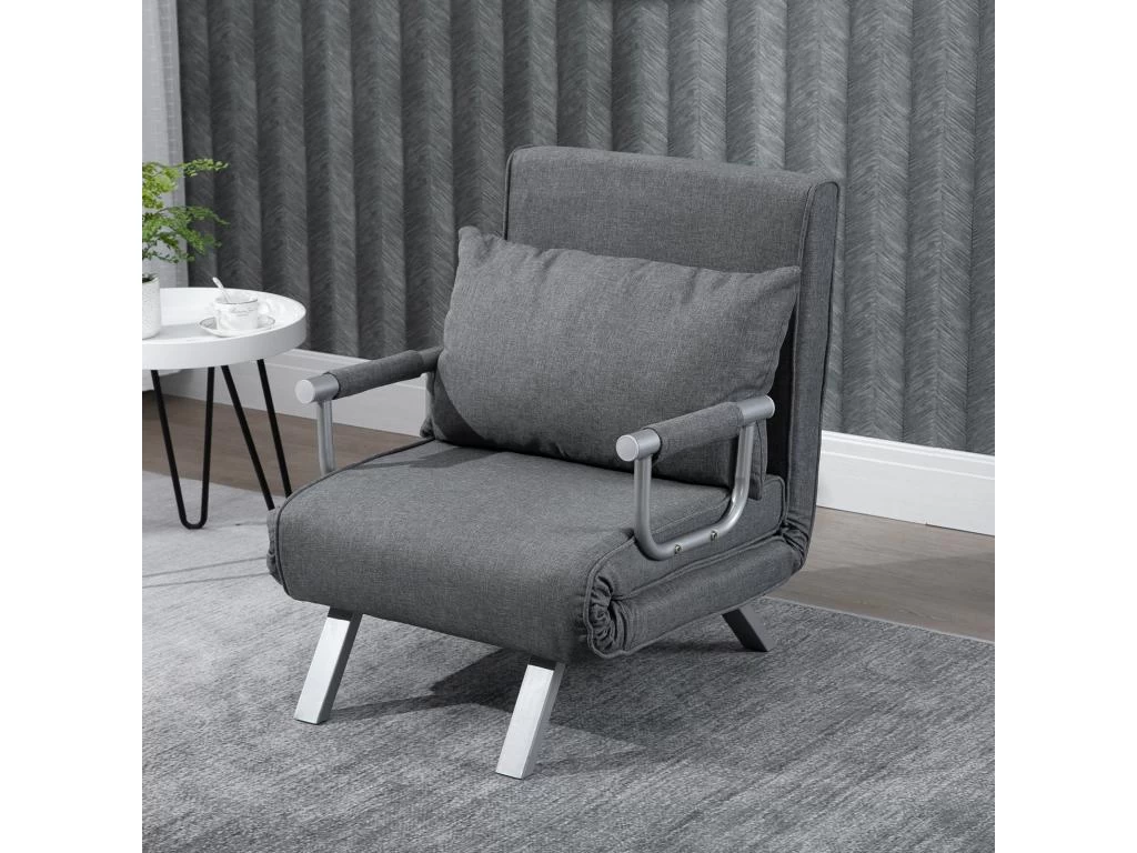 Fauteuil Chauffeuse Canapé-lit Convertible 1 Place Déhoussable Grand Confort Coussin Pieds Accoudoirs Métal Suède Gris