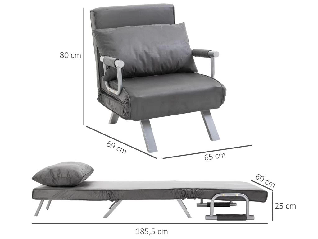 Fauteuil Chauffeuse Canapé-lit Convertible 1 Place Déhoussable Grand Confort Coussin Pieds Accoudoirs Métal Suède Gris – Image 3