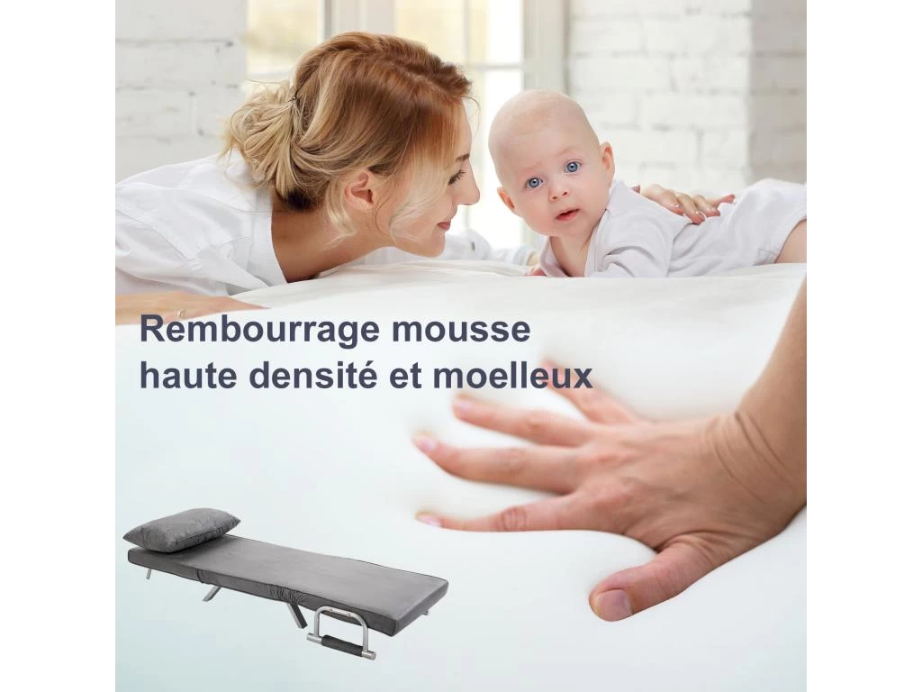 Fauteuil Chauffeuse Canapé-lit Convertible 1 Place Déhoussable Grand Confort Coussin Pieds Accoudoirs Métal Suède Gris – Image 4