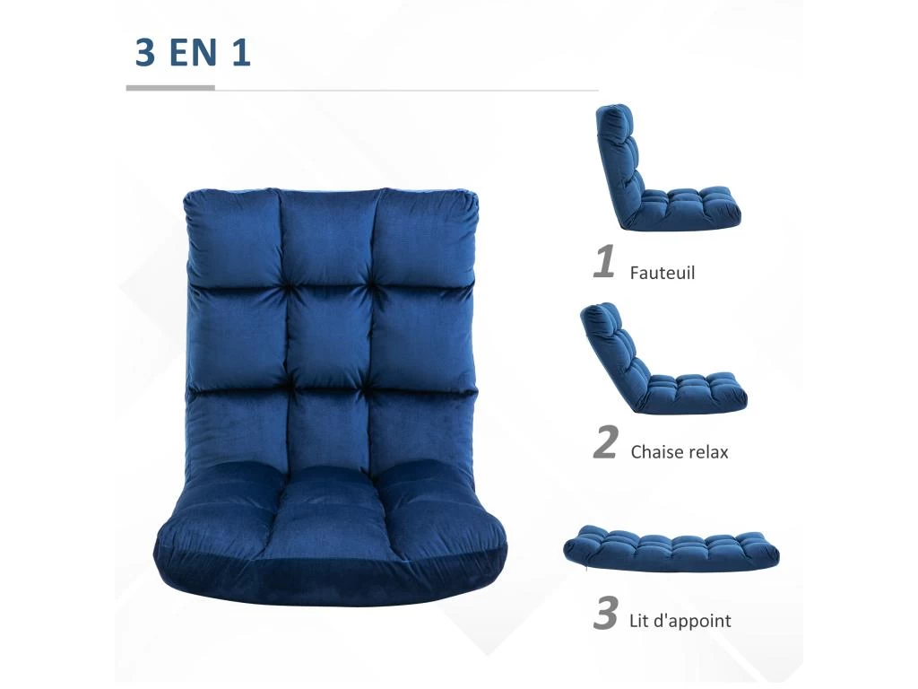 Fauteuil Convertible Fauteuil Paresseux Grand Confort Inclinaison Dossier Multipositions 90°-180° Flanelle Polyester Capitonné Bleu Roi – Image 5