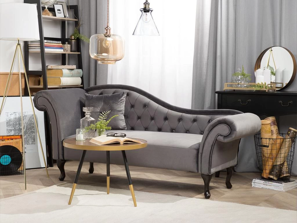 Chaise Longue En Velours Gris Côté Gauche LATTES – Image 2