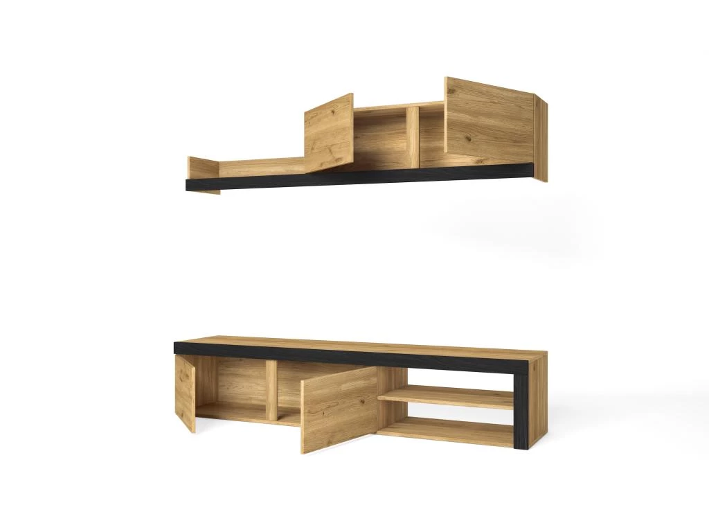 Salon IDEM "Naturale" - Ensemble De Meubles - Meuble Bas TV - Chêne/Noir - 200x180x40cm
