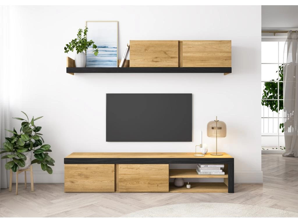 Salon IDEM "Naturale" - Ensemble De Meubles - Meuble Bas TV - Chêne/Noir - 200x180x40cm – Image 2