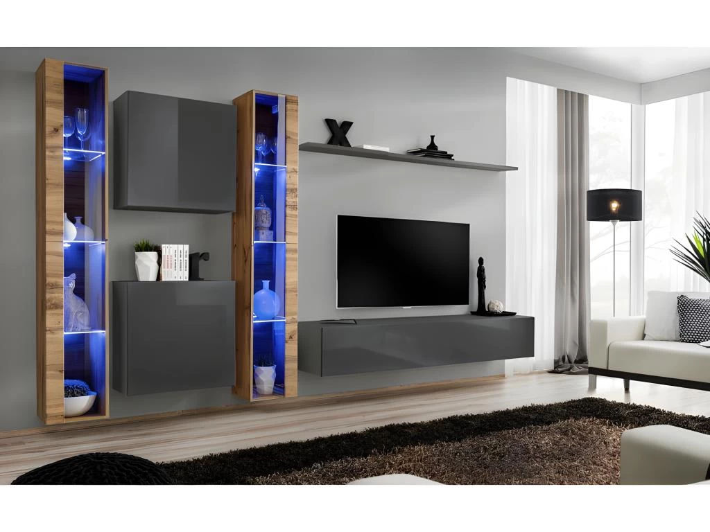 Ensemble Meuble Salon Mural SWITCH XVI Design, Coloris Gris Brillant Et ChĂŞne Wotan.