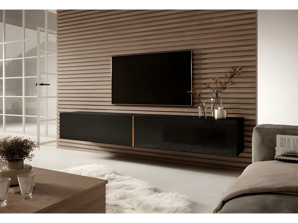 Meuble TV 200 Cm - Noir Avec Insert Doré - BISIRA – Image 2