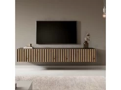 Meuble TV 175 Cm - Noir Avec Façade Artisanale Chêne Fraisé - TELIRE