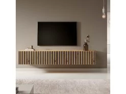 Meuble TV 175 Cm - En Chêne Artisan Avec Façade Fraisée Et Inserts Noirs - TELIRE