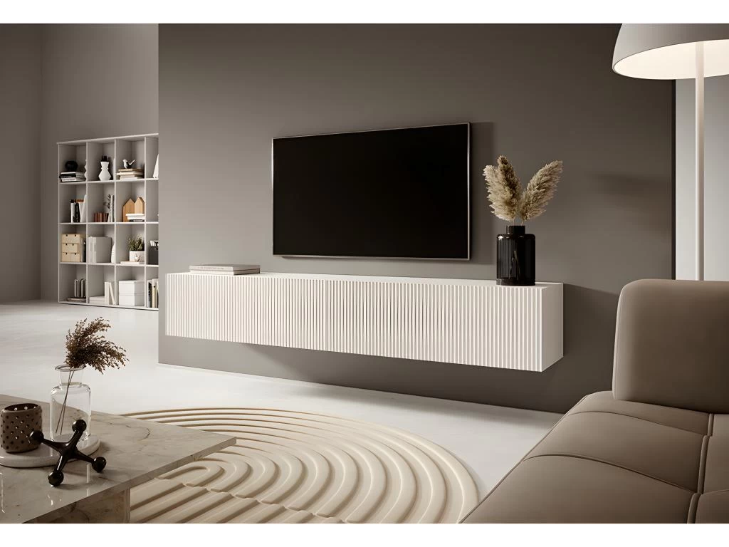 Meuble TV 175 Cm Blanc Avec Façade Fraisée - VELDIO – Image 2
