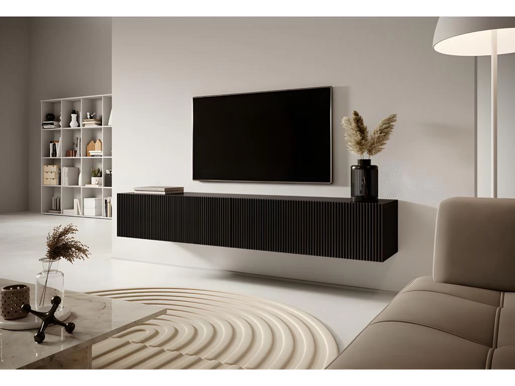 Meuble TV 175 Cm Noir Avec Façade Fraisée - VELDIO – Image 2