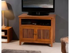 AYAN - Meuble TV Marron 2 Portes Persiennes Bois Teck
