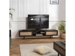 YANIS - Meuble TV Noir Bois Pin 2 Niches 2 Portes Cannage