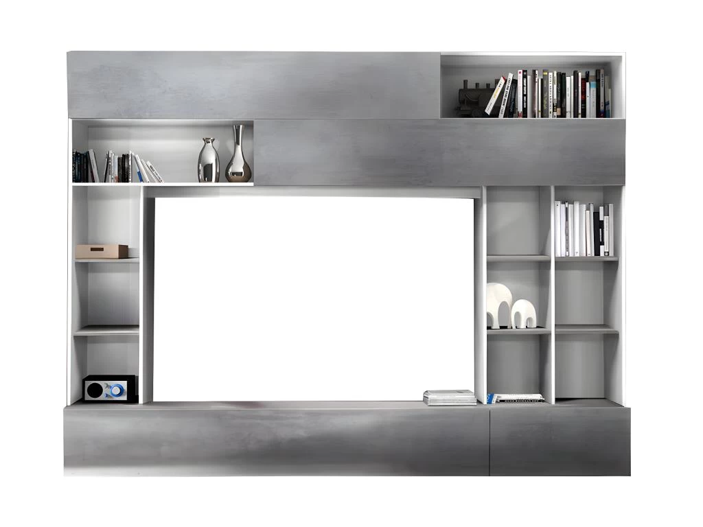 Mur TV MAJORIS Avec Rangements - Coloris : Blanc Laqué Et Béton – Image 4