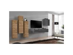 Ensemble Meuble Salon SWITCH III Design, Coloris ChĂȘne Et Gris. Finitions Effet ChĂȘne FraisĂ© Et Brillant.